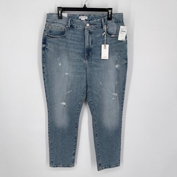 Good American Good Classic Distressed Straight Jeans NEW Sz 12 / 31 Stretch Blue - Picture 1 of 10
